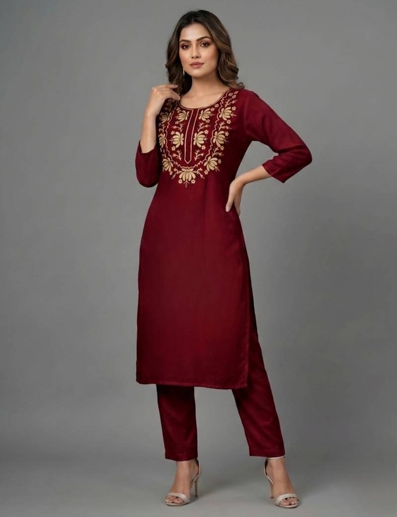 Maroon embroidered rayon kurta set