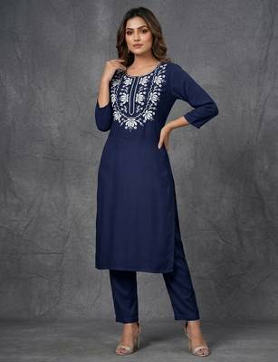 Blue embroidered rayon kurta set 3