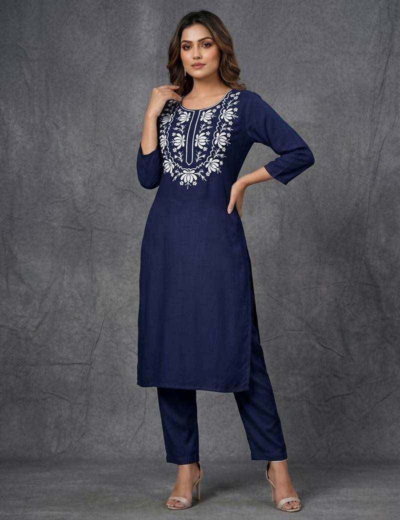Blue embroidered rayon kurta set