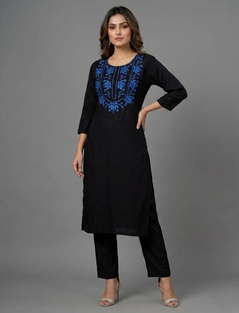 Black embroidered rayon kurta set
