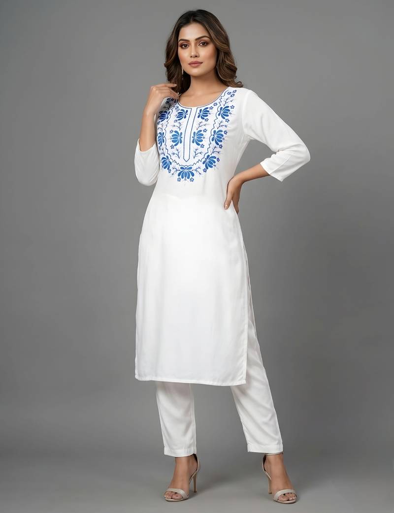 White embroidered rayon kurta set