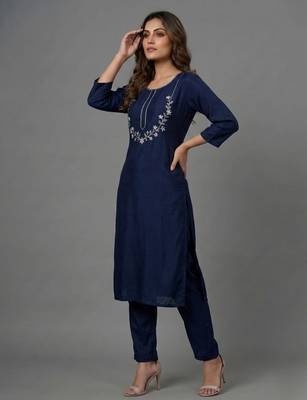 Blue embroidered rayon kurta set 3