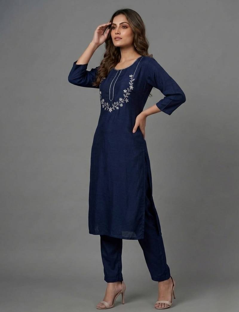 Blue embroidered rayon kurta set