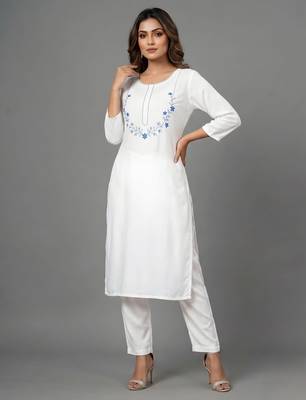 White embroidered rayon kurta set 3