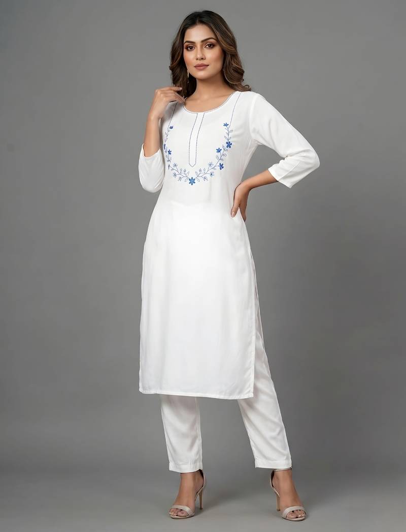 White embroidered rayon kurta set