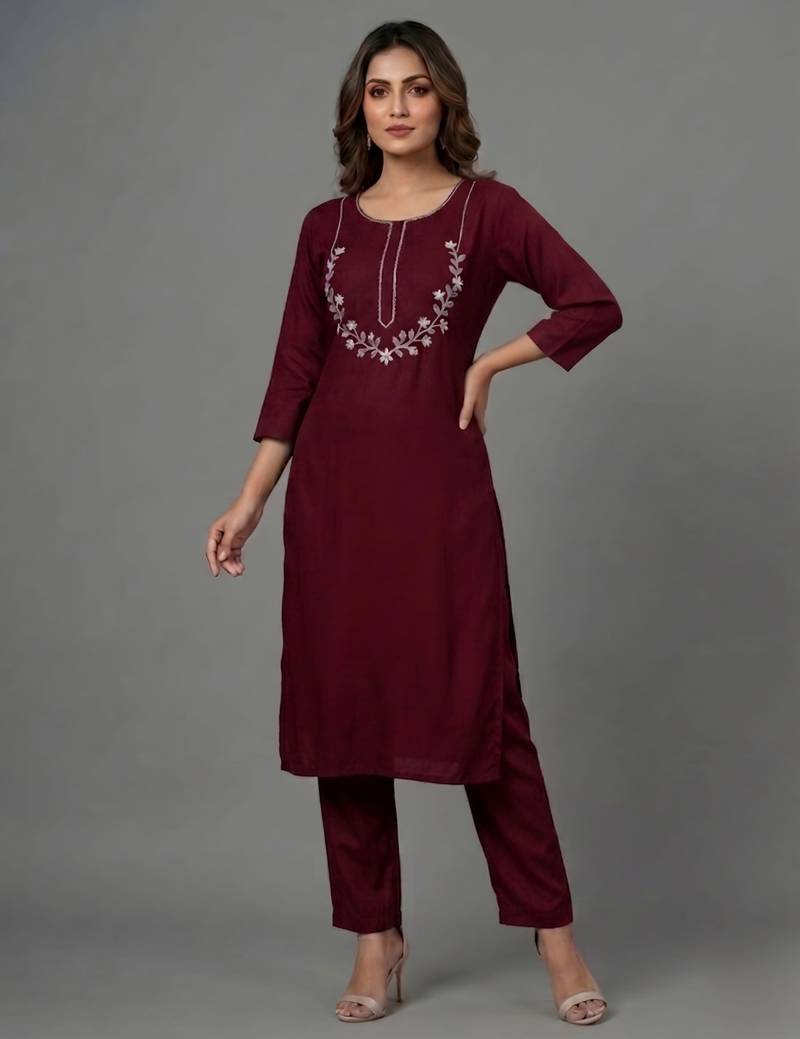 Maroon embroidered rayon kurta set
