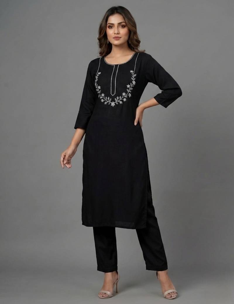 Black embroidered rayon kurta set