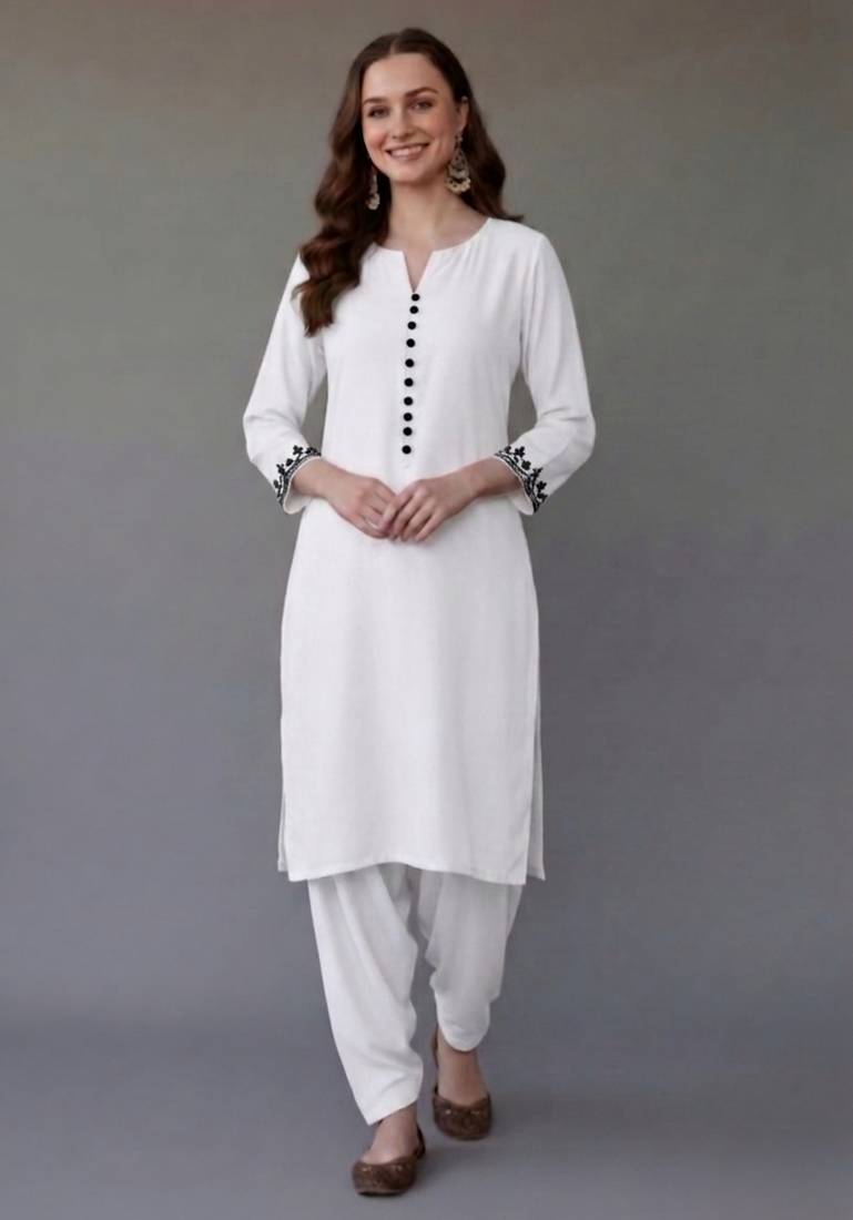 White embroidered rayon kurta set