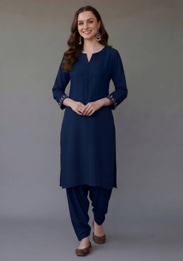 Blue embroidered rayon kurta set