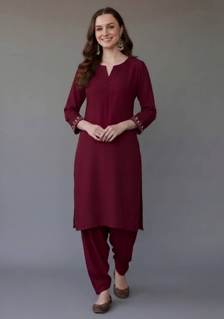 Maroon embroidered rayon kurta set