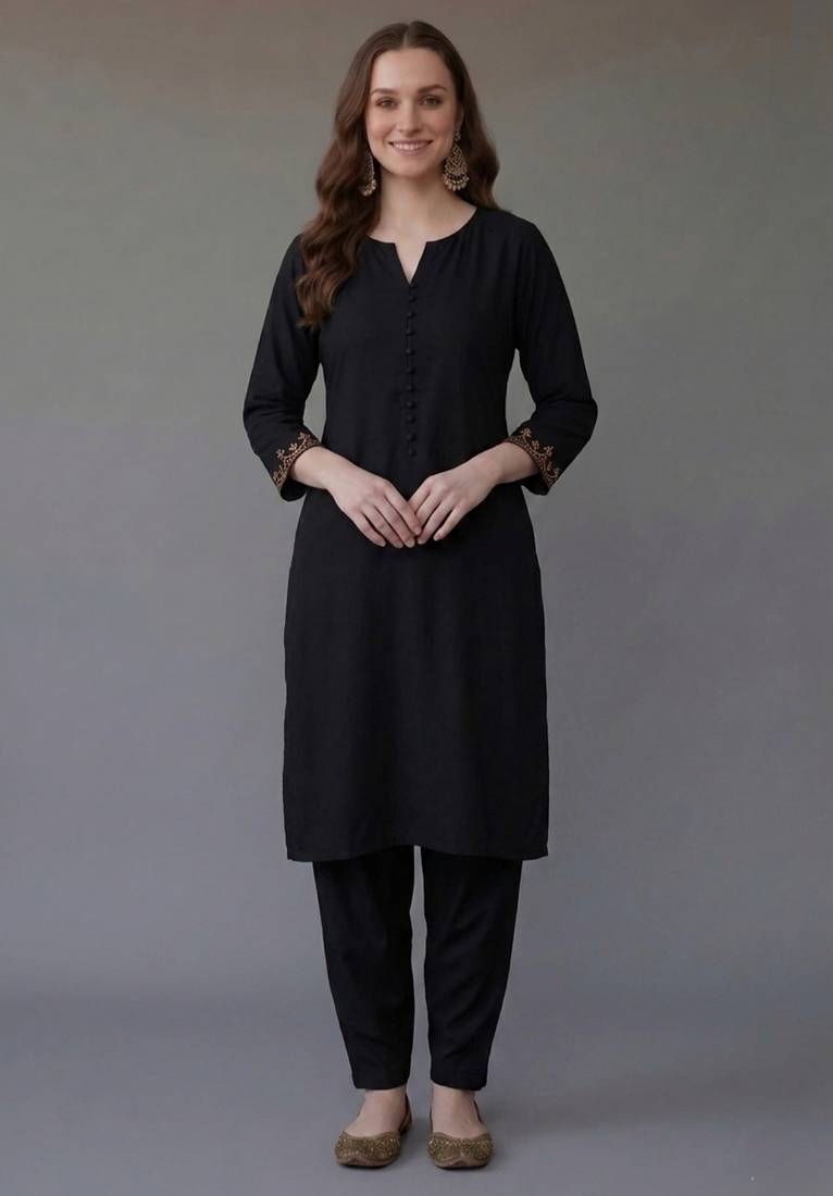 Black embroidered rayon kurta set