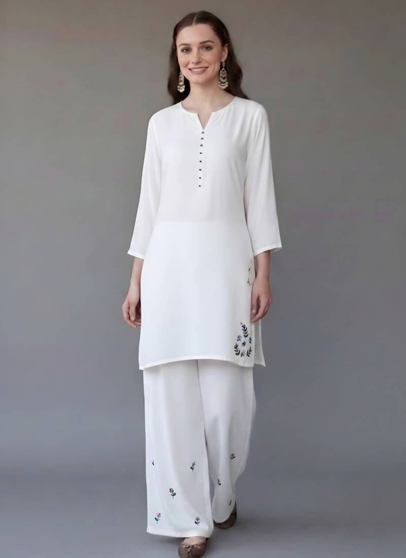 White embroidered rayon kurta set