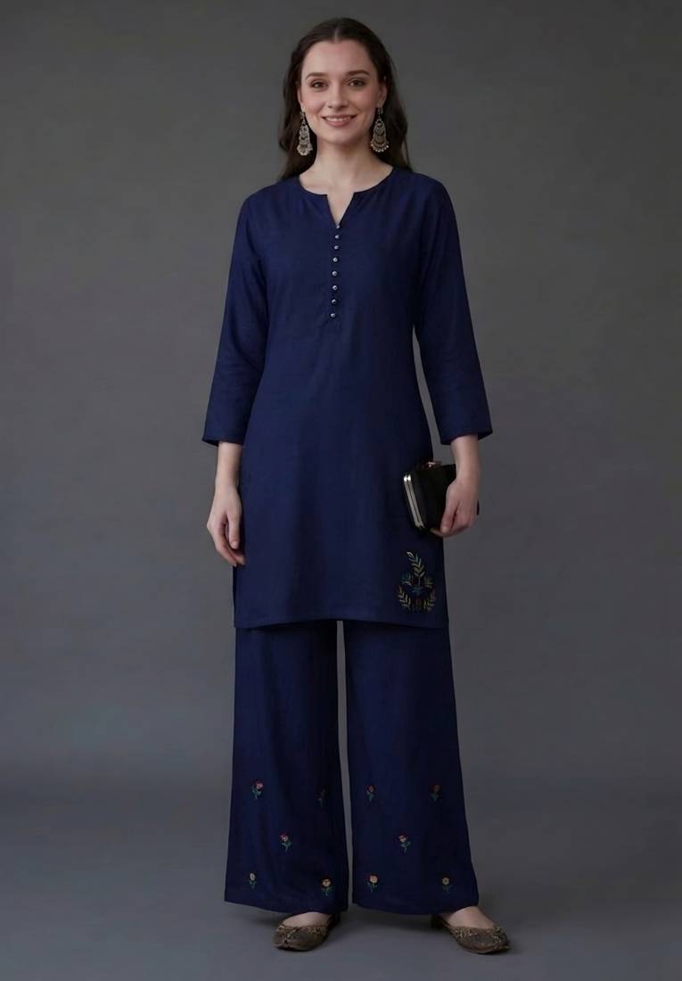 Blue embroidered rayon kurta set