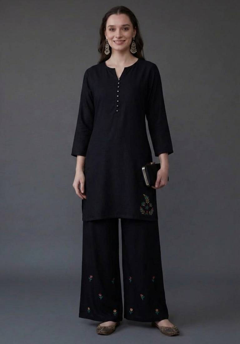 Black embroidered rayon kurta set