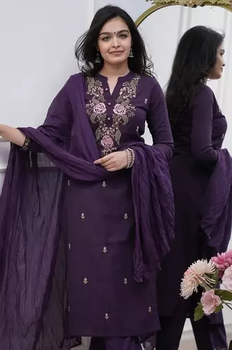 Designer purple rayon slub embroidered kurta set with nazmin dupatta
