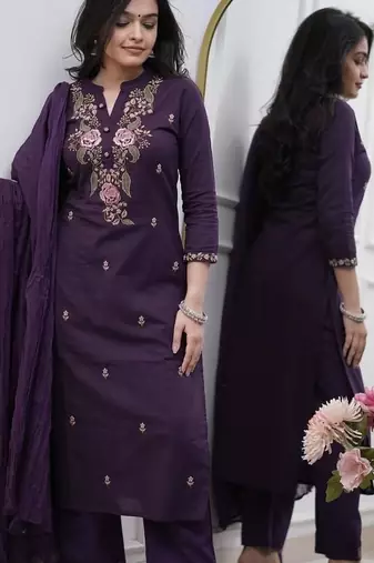 purple rayon slub embroidered kurta set with dupatta