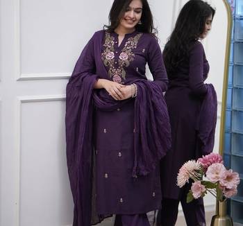 purple rayon slub embroidered kurta set with dupatta 3