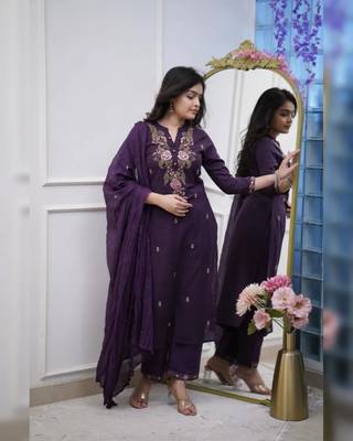 purple rayon slub embroidered kurta set with dupatta 4