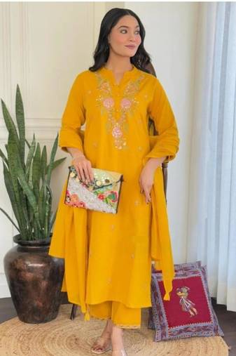 Designer mustard yellow rayon slub embroidered kurta set with nazmin dupatta