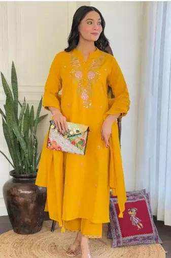 Designer mustard yellow rayon slub embroidered kurta set with nazmin dupatta