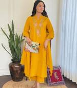 Designer mustard yellow rayon slub embroidered kurta set with nazmin dupatta