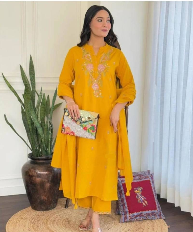 Designer mustard yellow rayon slub embroidered kurta set with nazmin dupatta