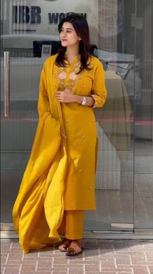 mustard yellow rayon slub embroidered kurta set with dupatta 2