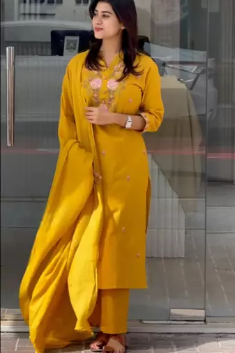 mustard yellow rayon slub embroidered kurta set with dupatta