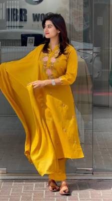 mustard yellow rayon slub embroidered kurta set with dupatta 3