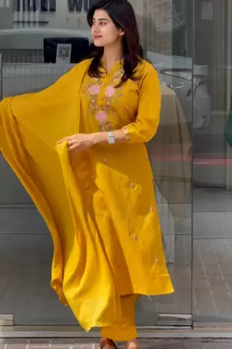 mustard yellow rayon slub embroidered kurta set with dupatta