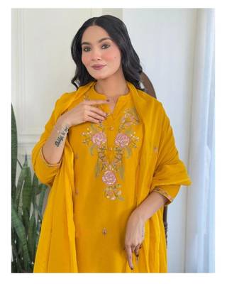 mustard yellow rayon slub embroidered kurta set with dupatta 4