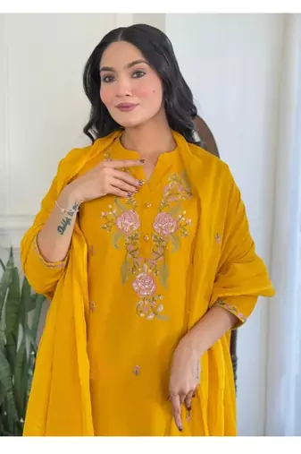 mustard yellow rayon slub embroidered kurta set with dupatta