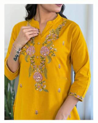 mustard yellow rayon slub embroidered kurta set with dupatta 5