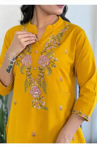mustard yellow rayon slub embroidered kurta set with dupatta