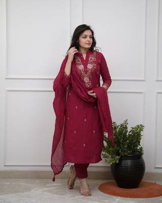 maroon rayon slub embroidered kurta set with dupatta 1