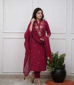 Designer maroon rayon slub embroidered kurta set with nazmin dupatta