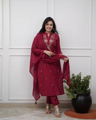 maroon rayon slub embroidered kurta set with dupatta 2