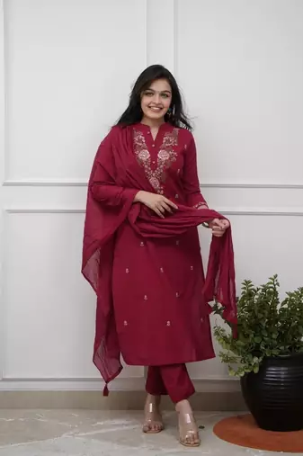 maroon rayon slub embroidered kurta set with dupatta