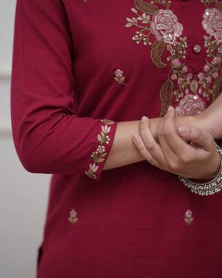 maroon rayon slub embroidered kurta set with dupatta 5