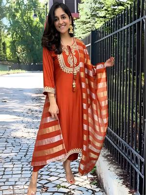 orange chanderi embroidered kurta set with viscose silk blend dupatta 1
