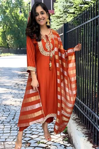Designer orange chanderi embroidered kurta set with viscose silk dupatta