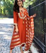 Designer orange chanderi embroidered kurta set with viscose silk dupatta