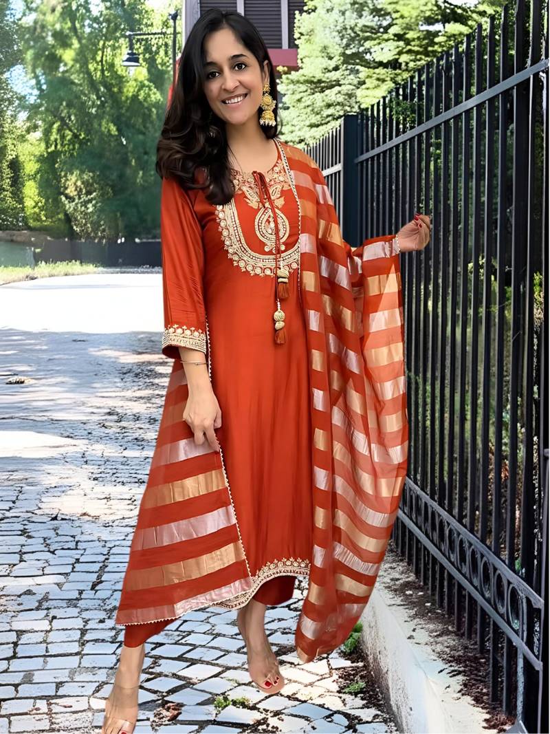 Designer orange chanderi embroidered kurta set with viscose silk dupatta