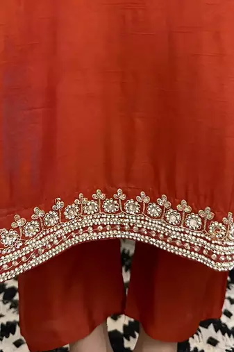 orange chanderi embroidered kurta set with viscose silk blend dupatta