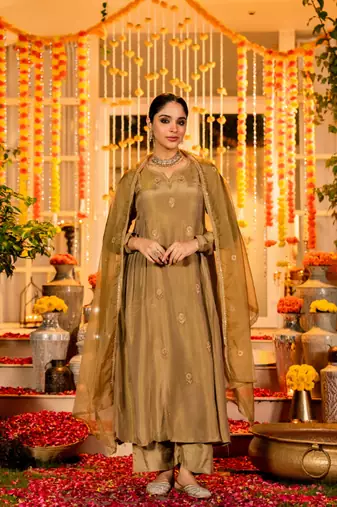 Designer olive gold simmar chanderi silk embroidered kurta set with organza dupatta