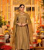Designer olive gold simmar chanderi silk embroidered kurta set with organza dupatta