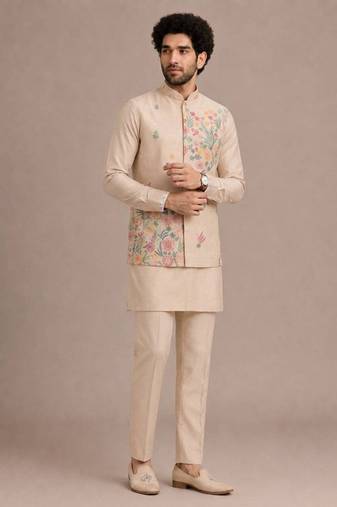 Cream roman silk designer multi embroidery work kurta set for men