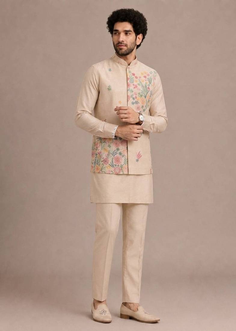 Cream roman silk designer multi embroidery work kurta set for men
