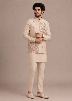 Cream roman silk designer multi embroidery work kurta set for men 1