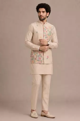 Cream roman silk designer multi embroidery work kurta set for men
